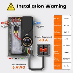 14.4kW Electric Tankless Water Heater 240V 3.5 GPM WiFi ETL Gray gallery image 2