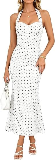FOMELY Women's Polka Dot Halter Maxi Dress White Black Size XL gallery image 1