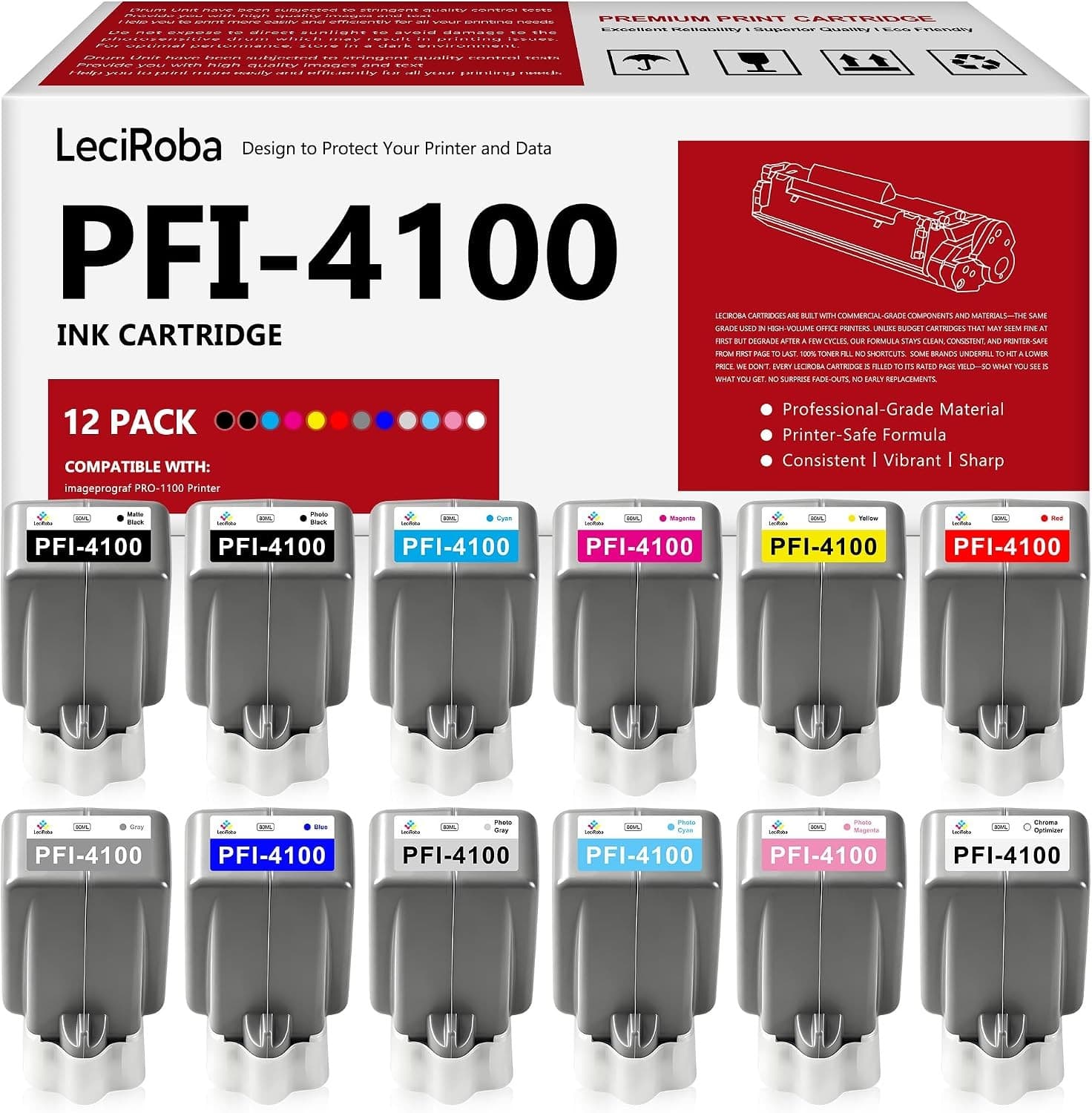 LeciRoba PFI-4100 Compatible Ink Cartridges 12-Pack Canon PRO-1100