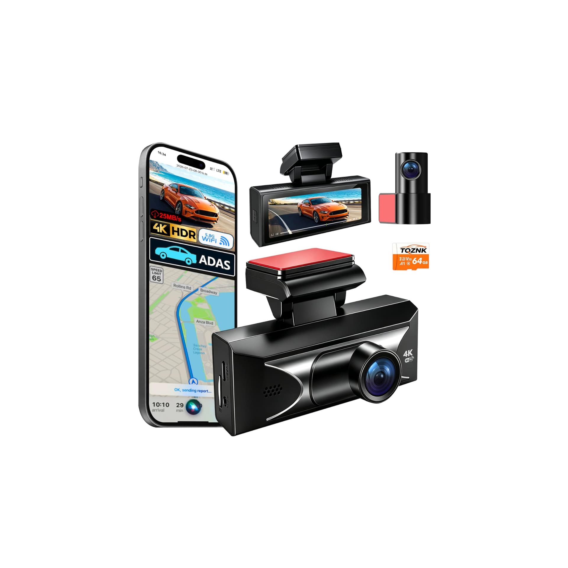 TQZNK 4K Front 2.5K Rear Dash Cam WiFi GPS ADAS 64GB Card