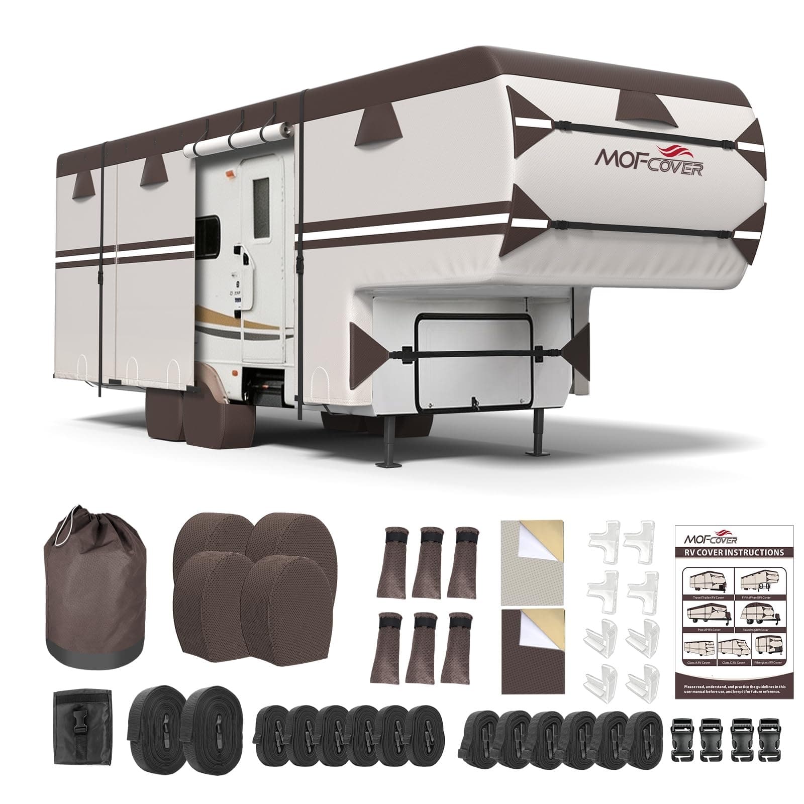 MOFCOVER 41-45ft 9-Layer Fifth Wheel RV Cover Brown with Tire Covers