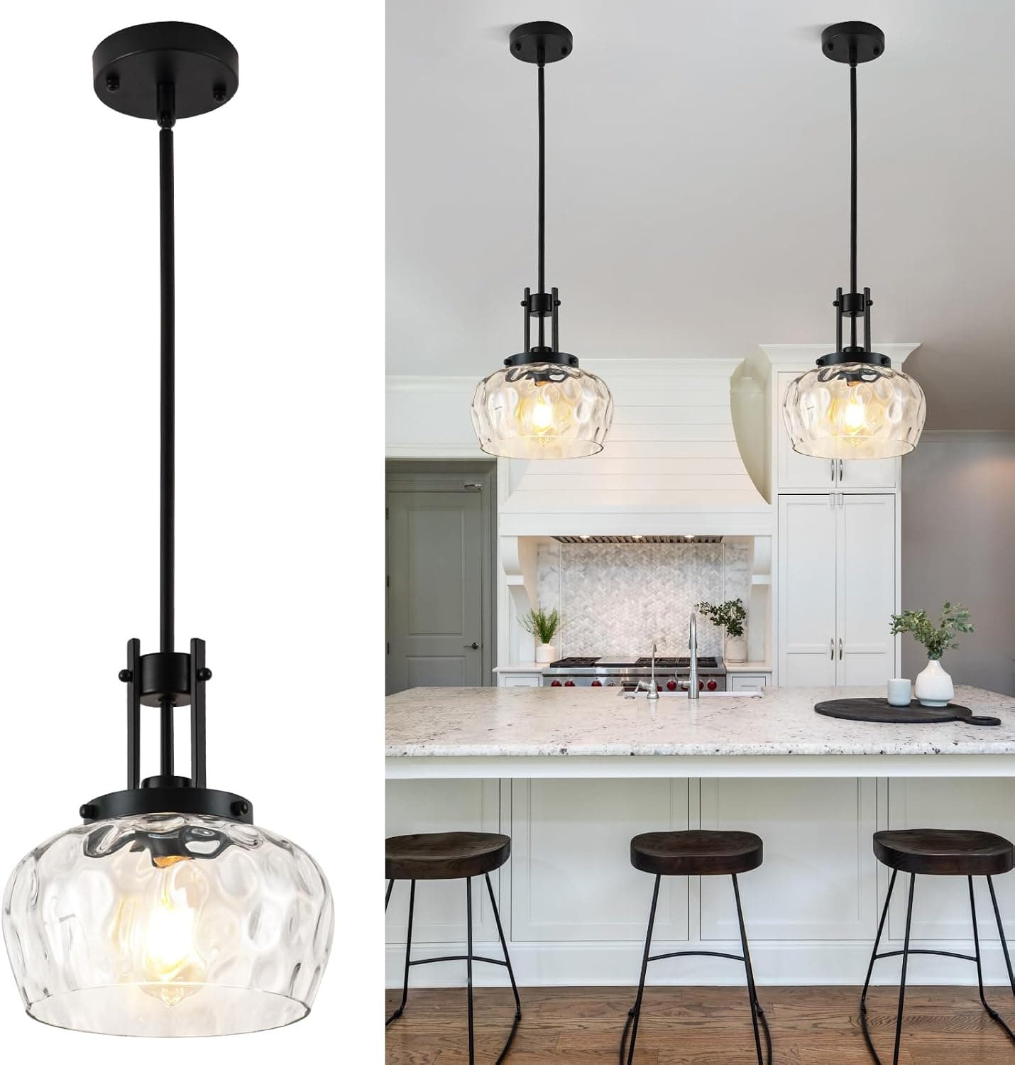 Nsleaiy 10in Black Pendant Light Clear Hammered Glass E26 Fixture