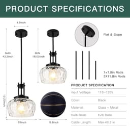 Nsleaiy 10in Black Pendant Light Clear Hammered Glass E26 Fixture gallery image 3