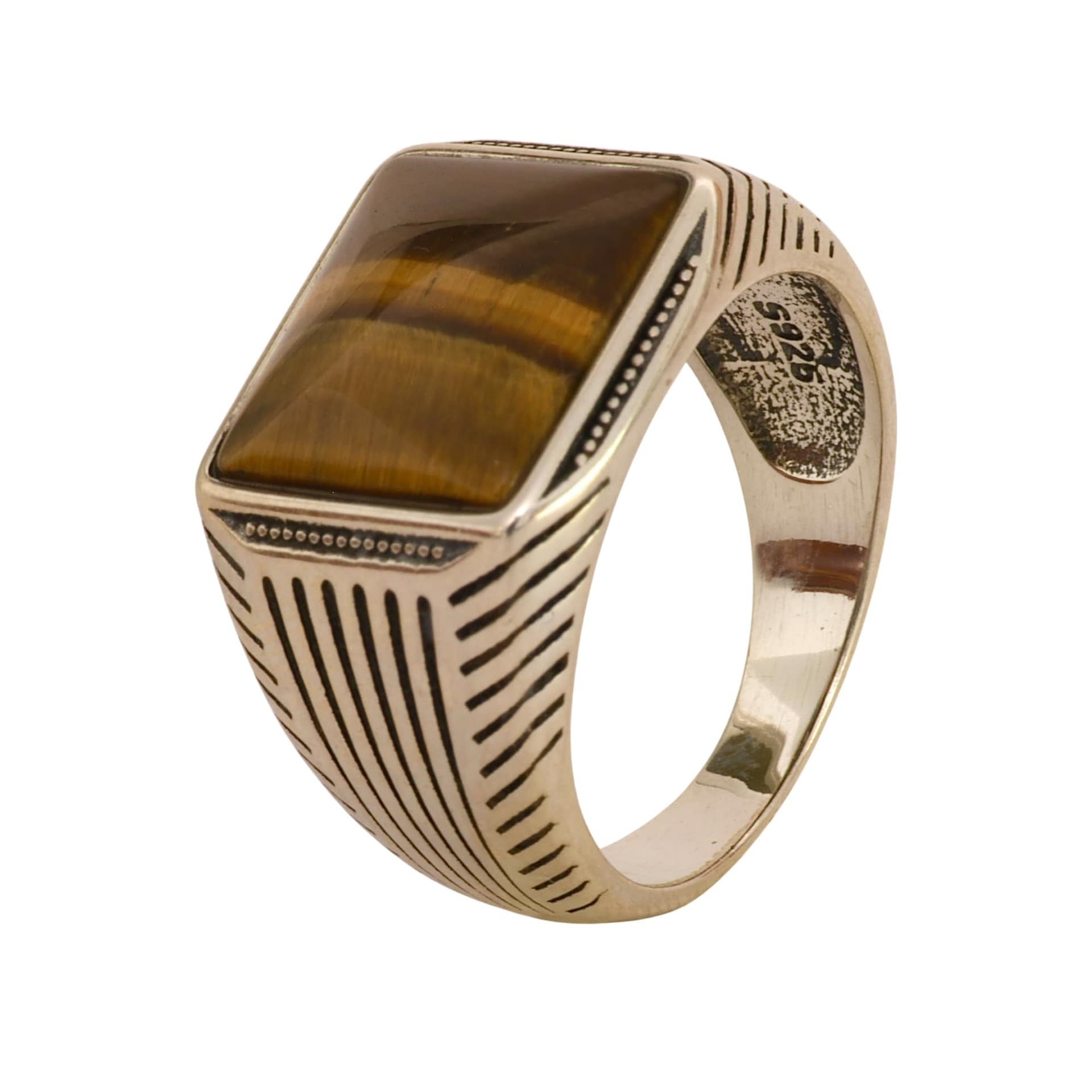 Pristine Gemstones Men's 925 Silver Tiger Eye Signet Ring Size 11