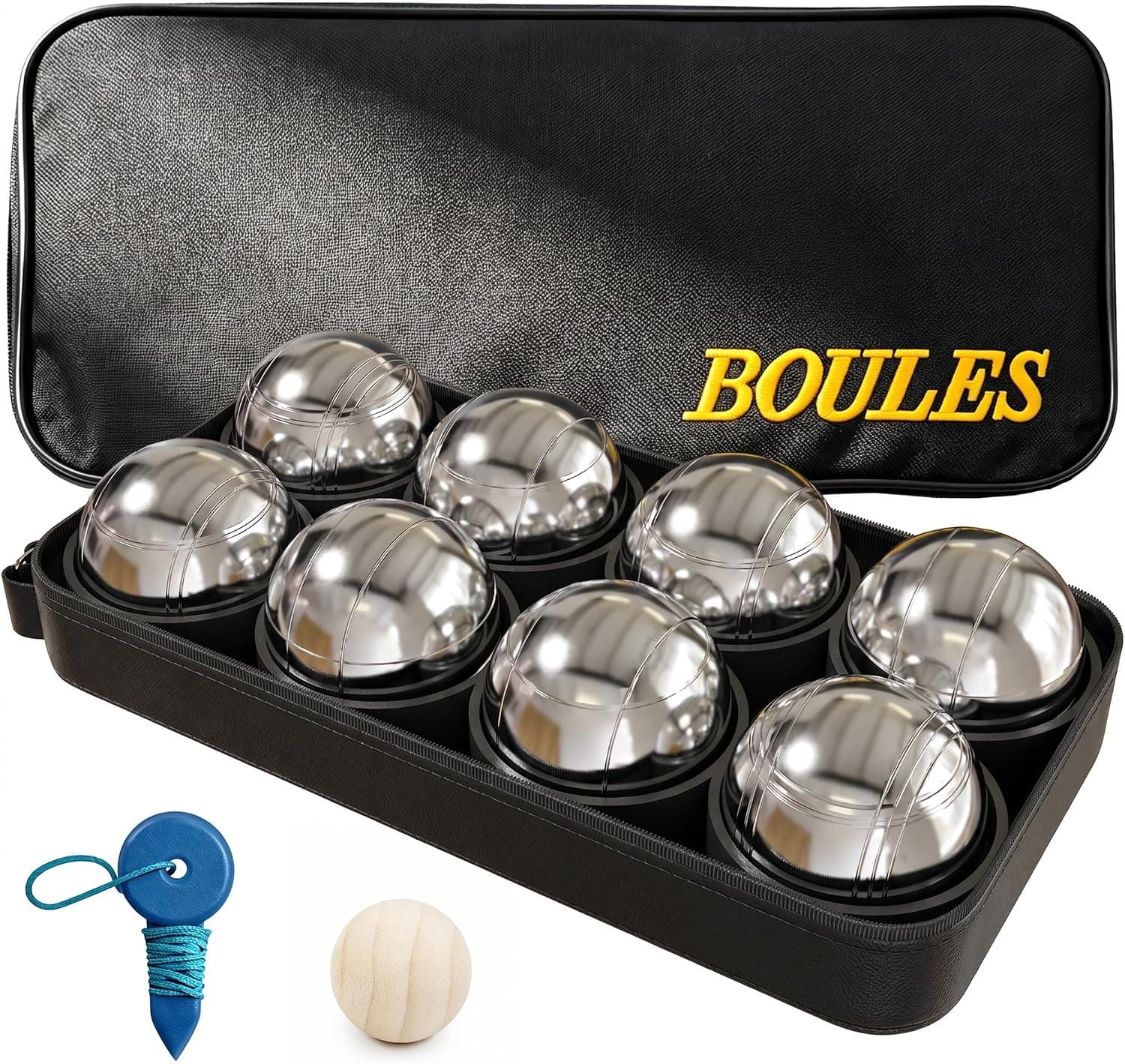 MR 73mm Steel Bocce Ball Set 8 Balls Pallino Rope Carry Bag