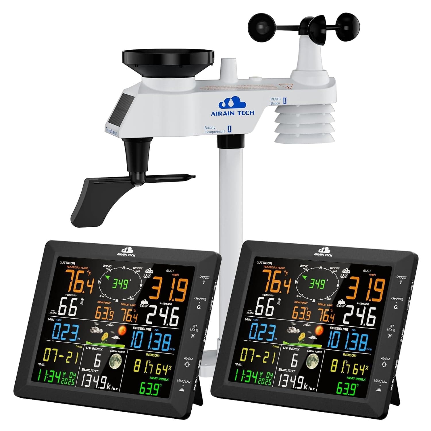 AIRAIN TECH Wireless Weather Station Dual Displays Rain Wind Sensor