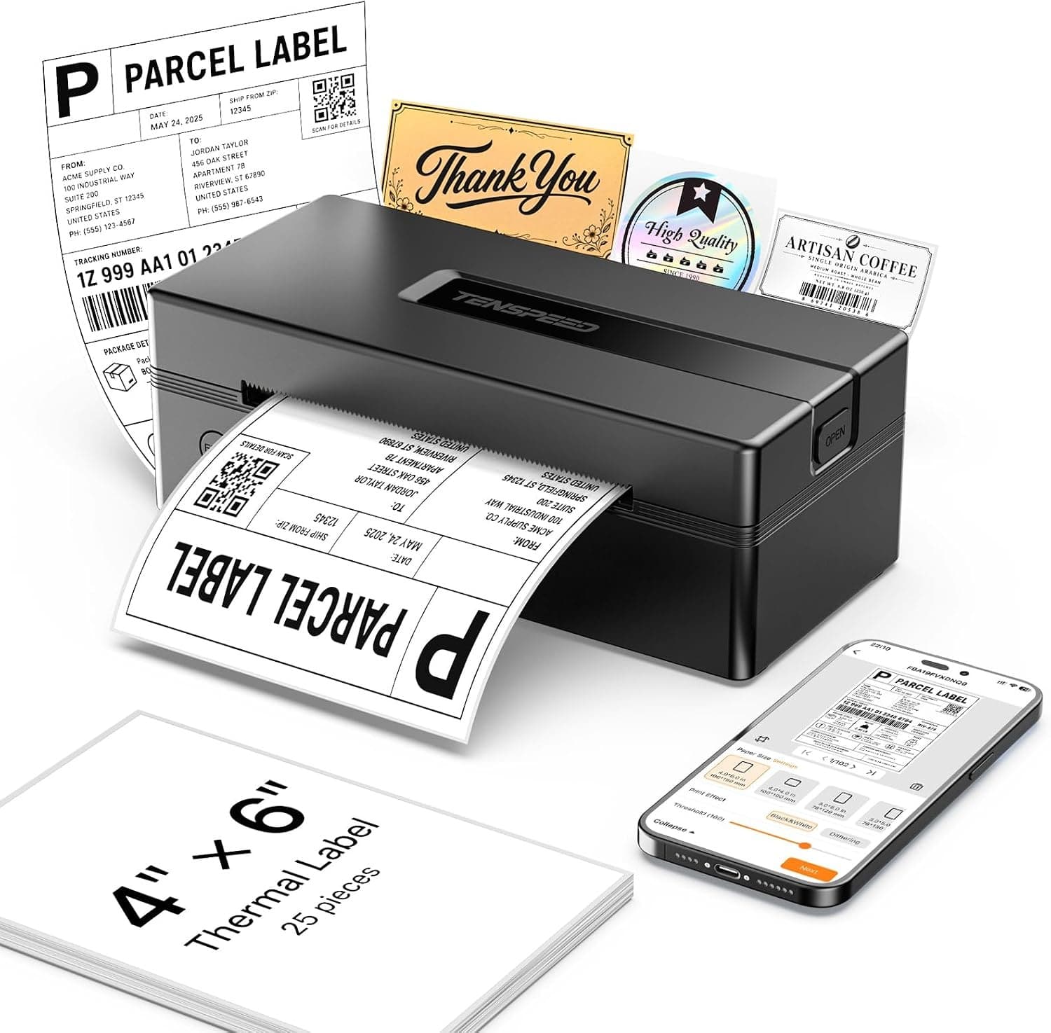 TENSPEED 4x6 Bluetooth Thermal Shipping Label Printer RP425A Black