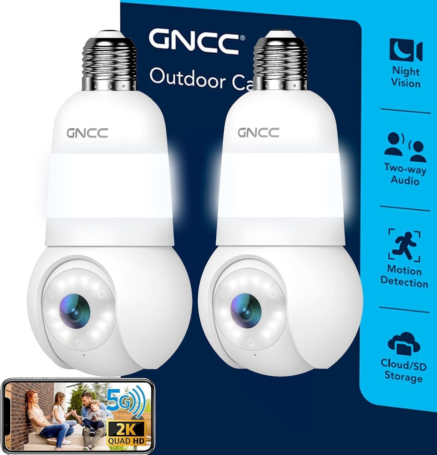 GNCC 2K Light Bulb Security Cameras 2-Pack 2.4/5GHz WiFi PTZ GL1-2P
