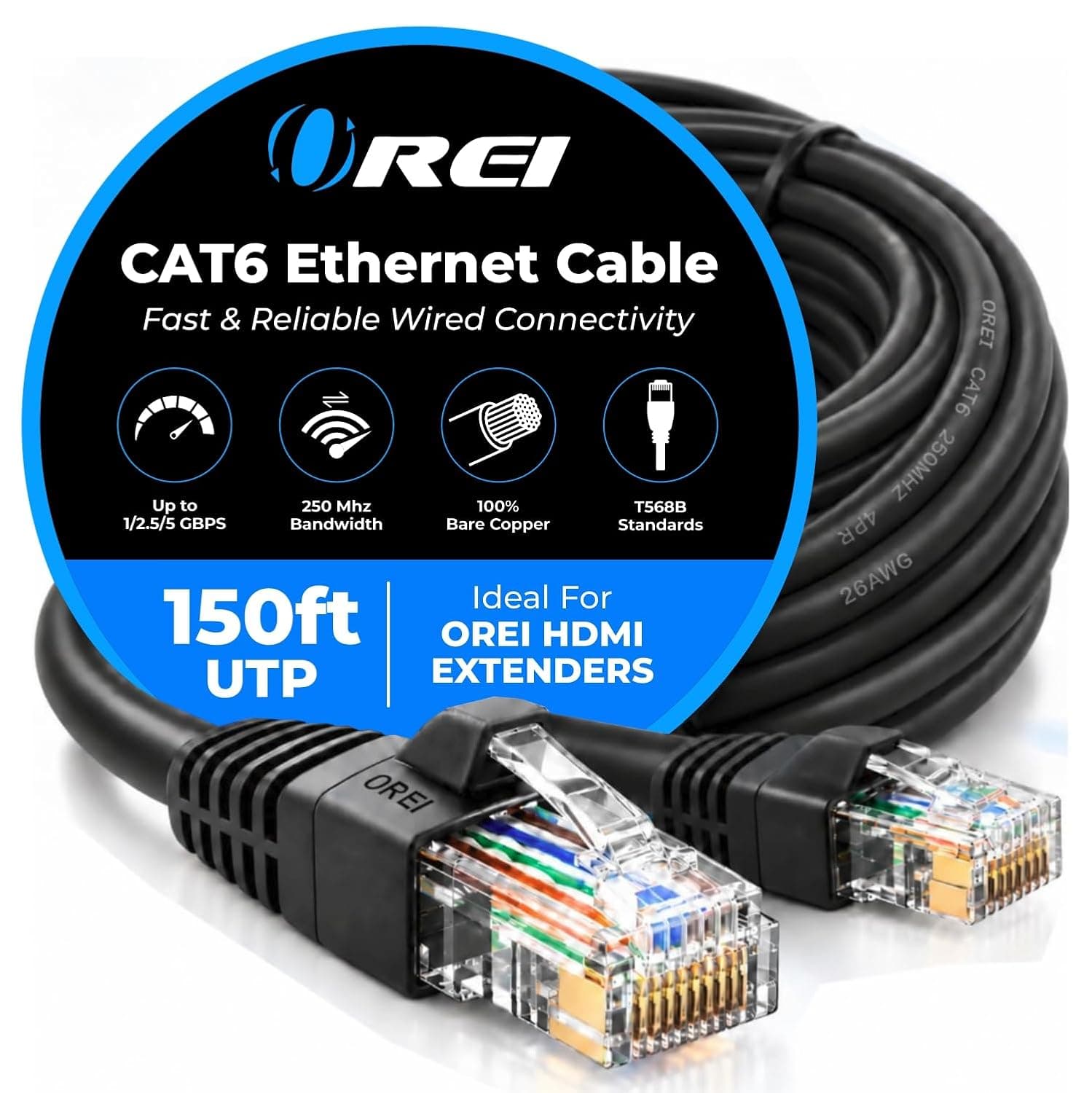 OREI Cat6 Ethernet Cable 150ft RJ45 5Gbps 250MHz Black