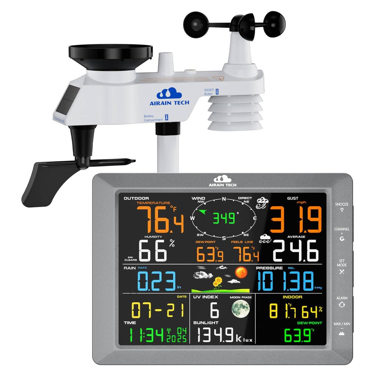 AIRAIN TECH Wireless Weather Station 8.5in Display Outdoor Sensor No WiFi