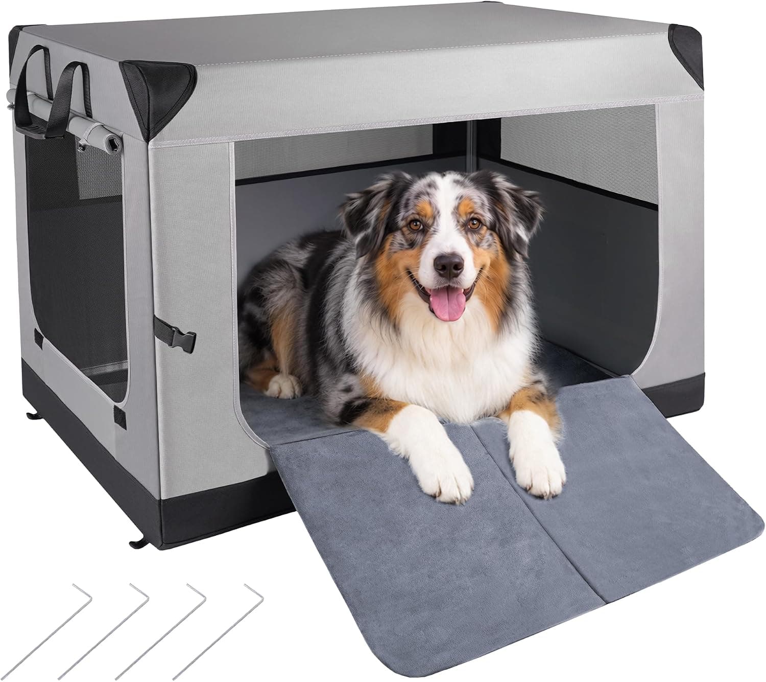 FoxFocus 36in Collapsible Soft Dog Crate Grey Mesh Travel Kennel Large