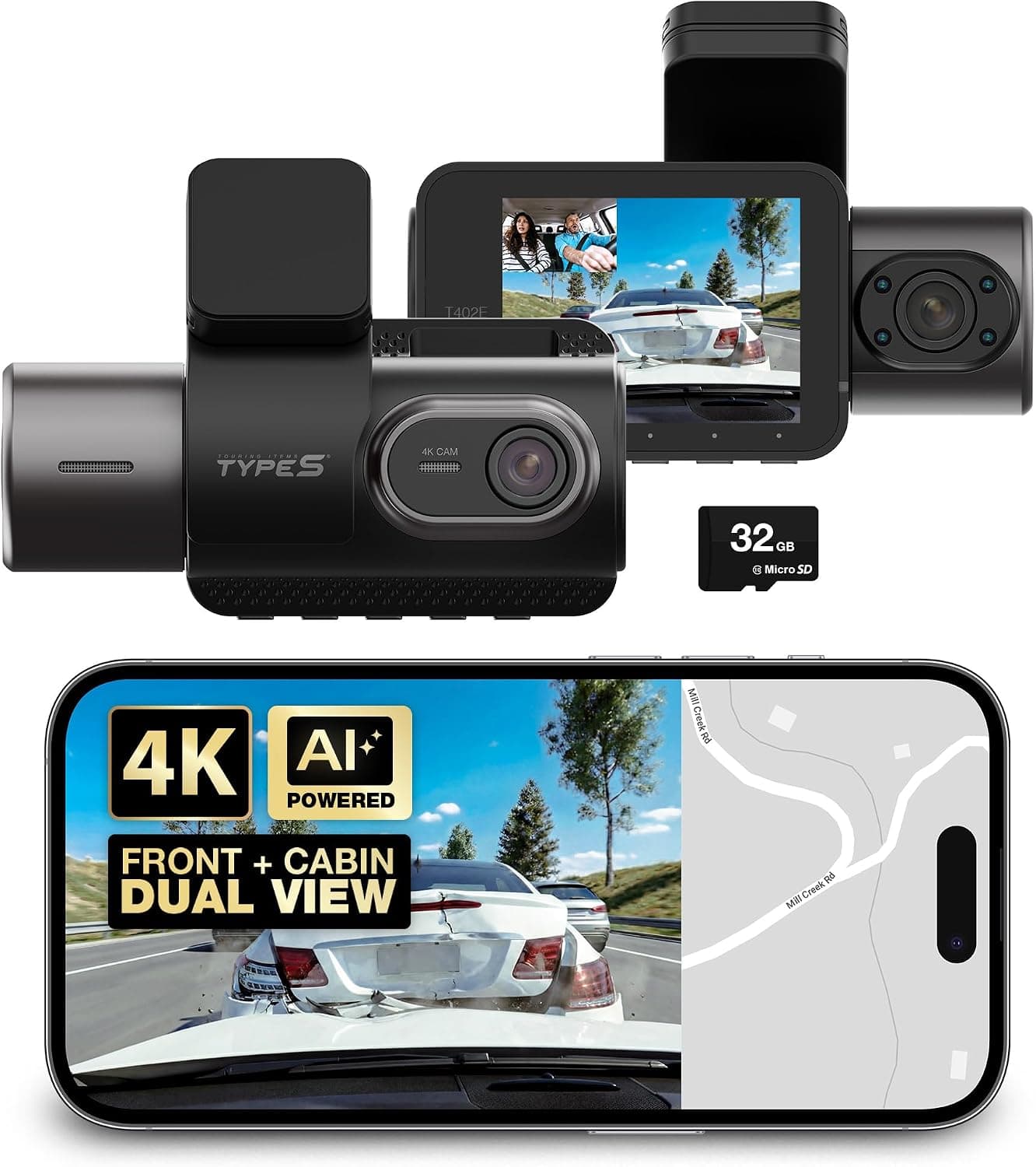 Type S T402E Dual View Dash Cam 4K Front 1080p Cabin GPS WiFi 32GB