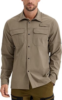 Shirts & Tops Khaki Men s UPF 50+ Sun Protection Snap Shirt Hiking Fishing Safar gallery image 1