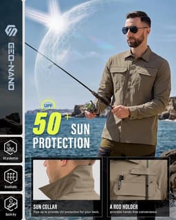 Shirts & Tops Khaki Men s UPF 50+ Sun Protection Snap Shirt Hiking Fishing Safar gallery image 2