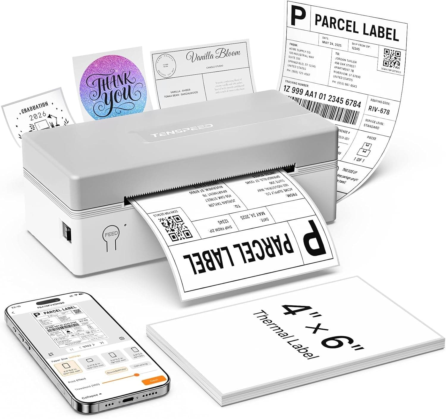 TENSPEED RP425A Bluetooth Thermal Shipping Label Printer 4x6 Gray