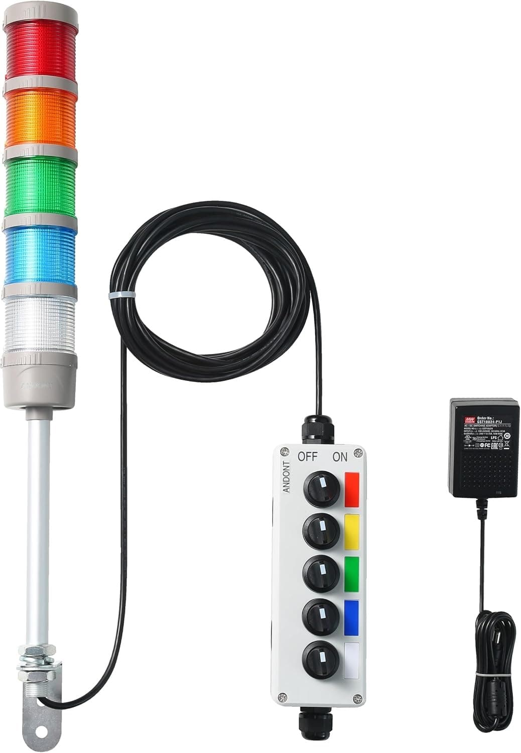 ANDONT 5-Stack LED Signal Tower Light 24V IP65 Pole Mount Controller