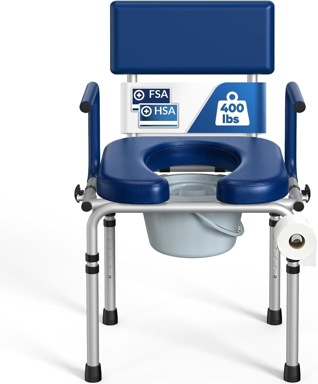 HOLYHEAL M77 Drop Arm Bedside Commode Padded Adjustable Chair Blue 400 lb